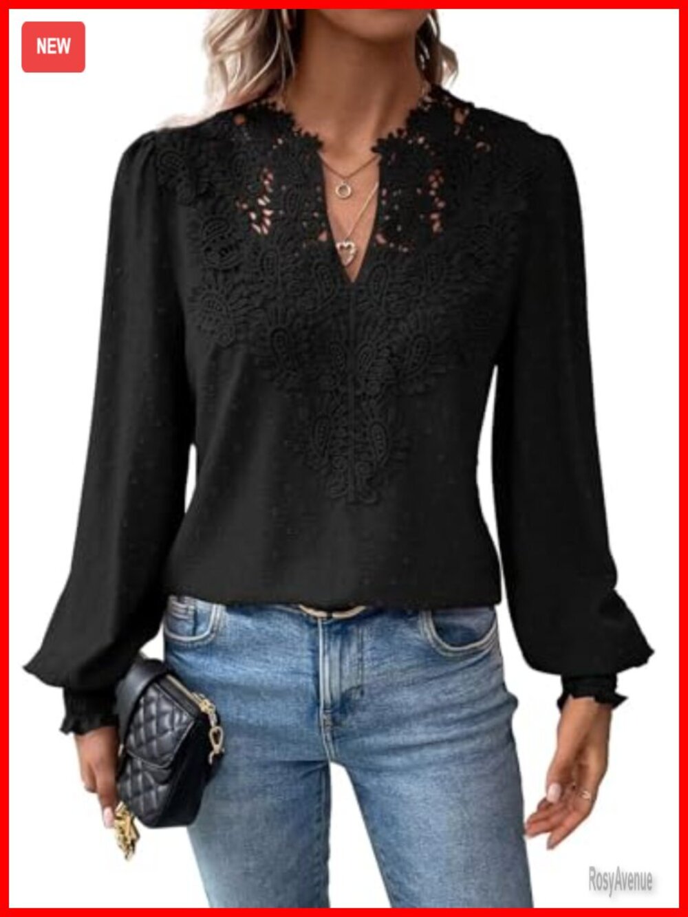Falechay Women's V-Neck Lace Floral Boho Blouse Long Sleeve Ruffle